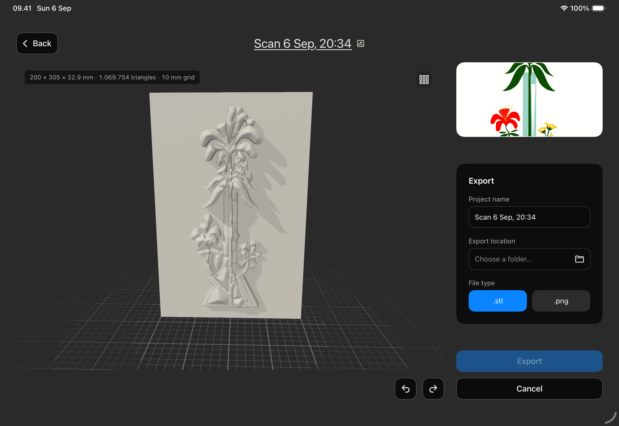 Tactura project showing a floral 3D relief and STL export panel